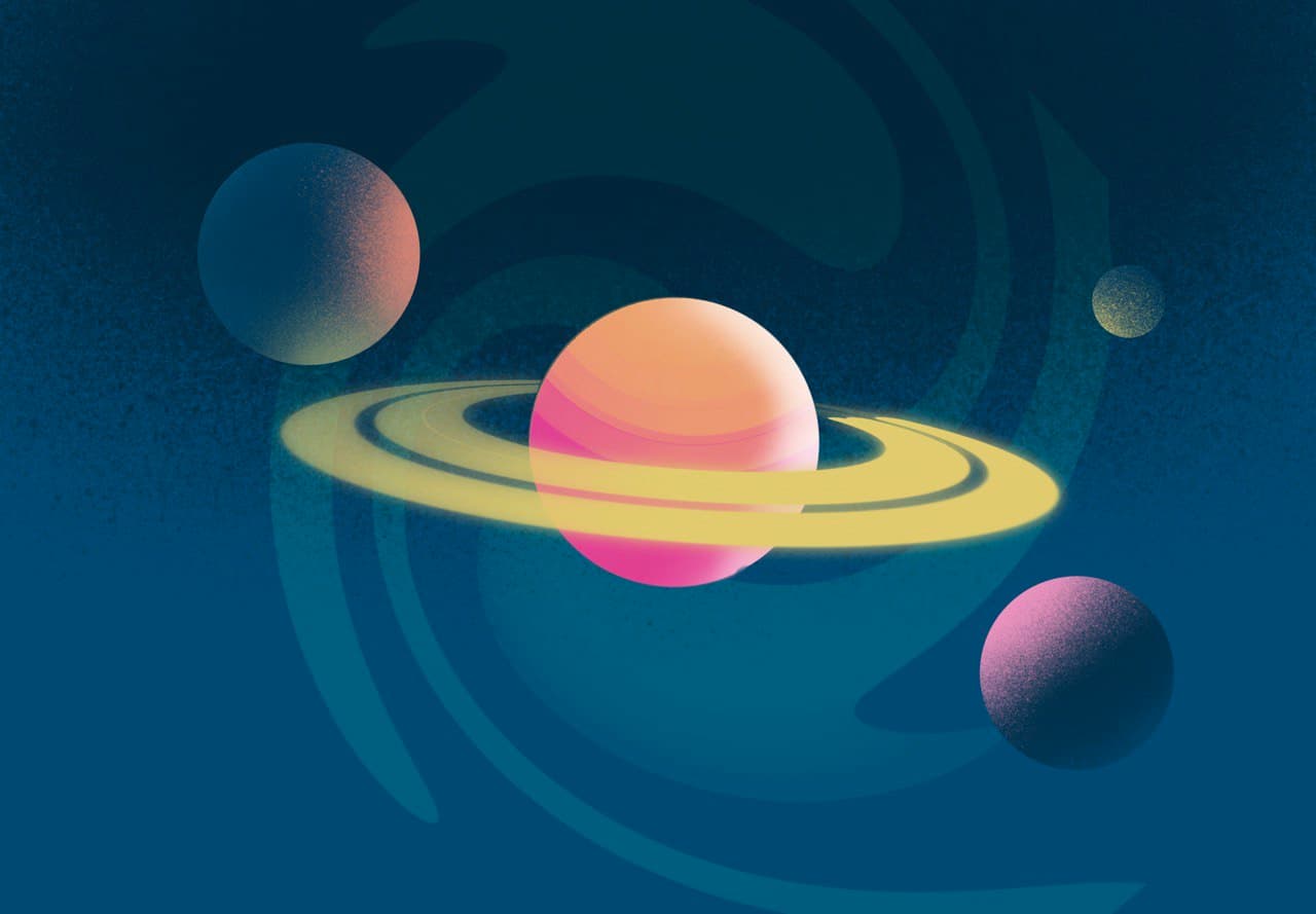 Abstract space drawing, 4 planets